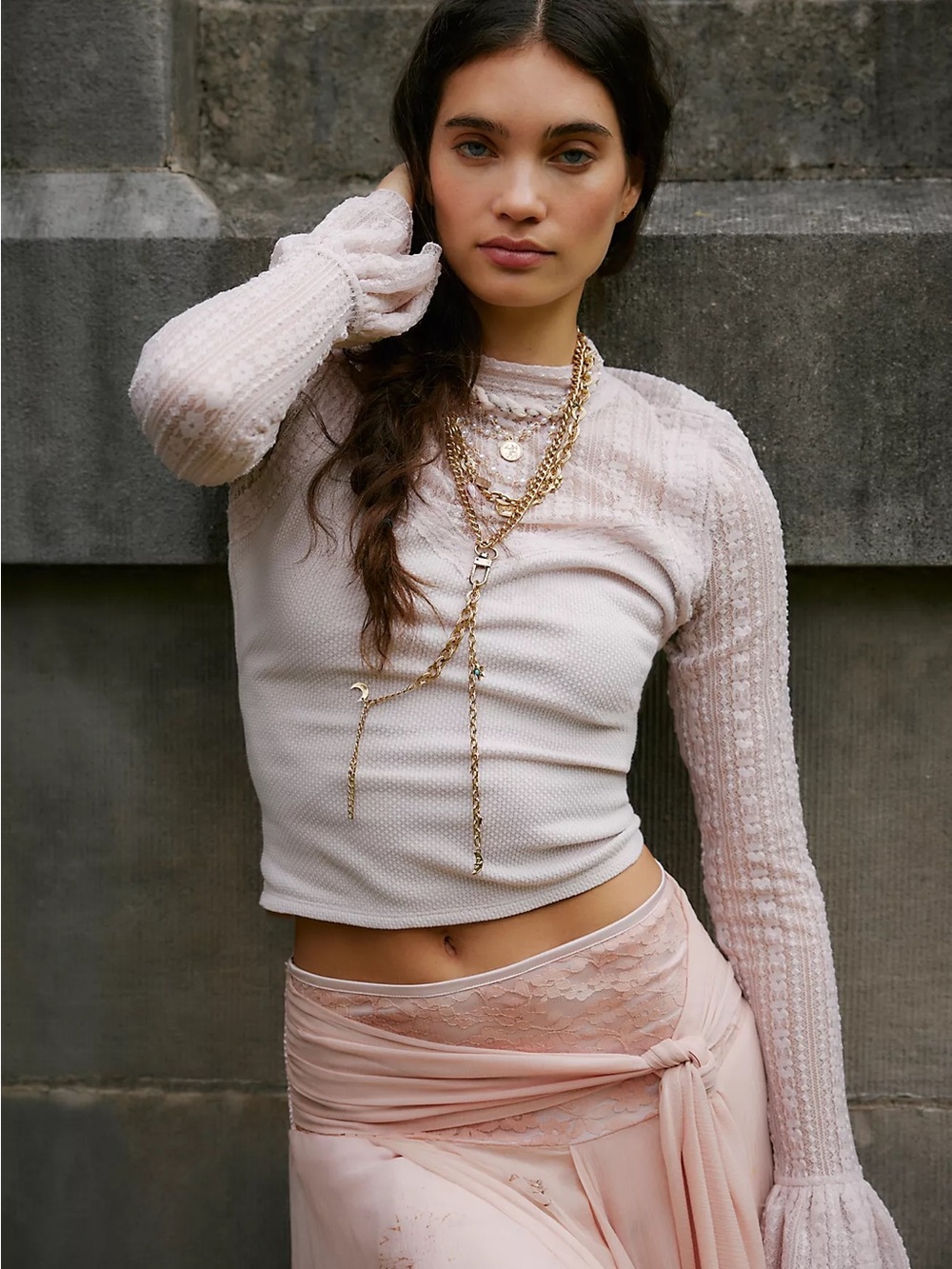 Free People Blush Pink Lace-Trim Long Sleeve Top